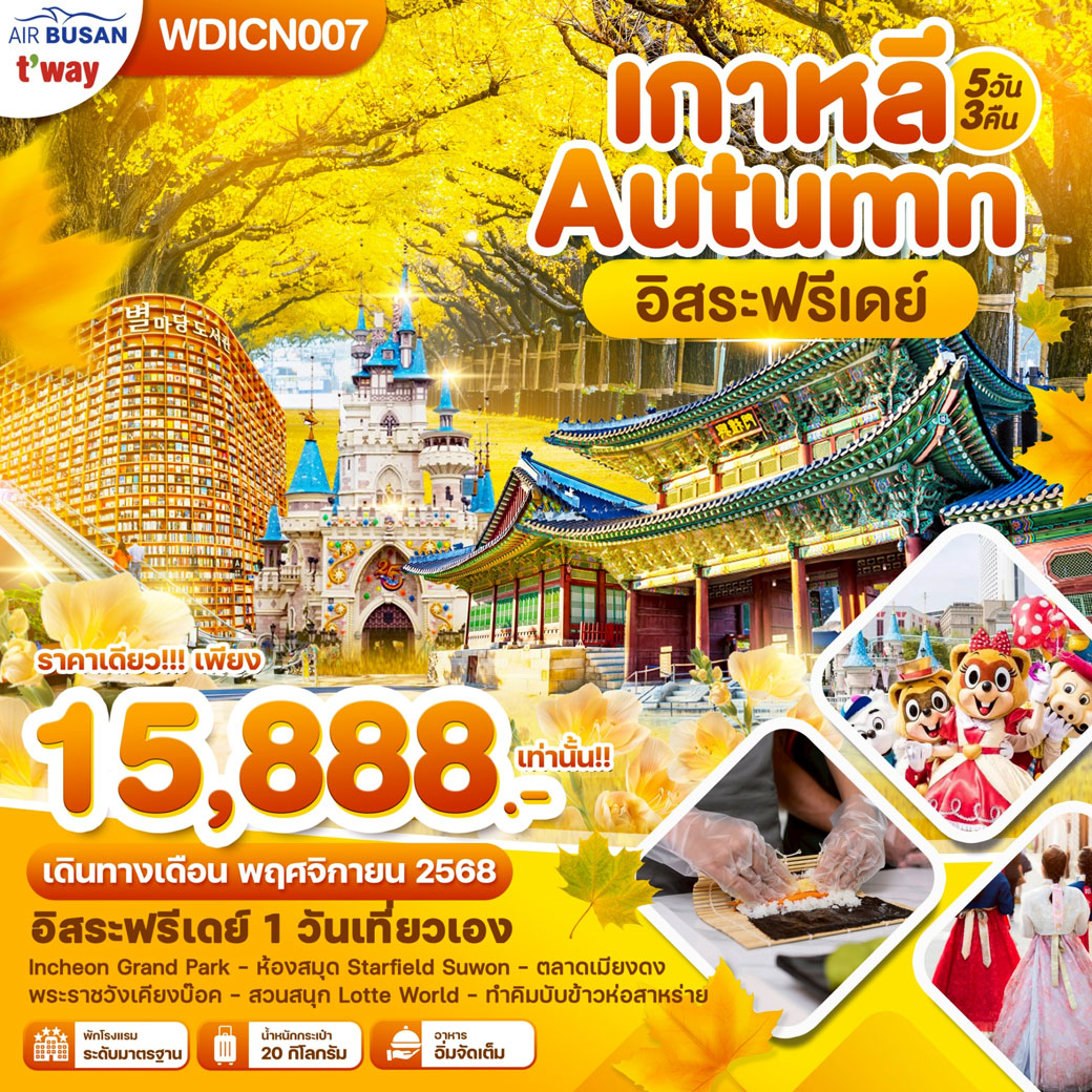 ทัวร์เกาหลี โซล  Autumn ฟรีอิสระ 5วัน 3คืน (BX,TW)